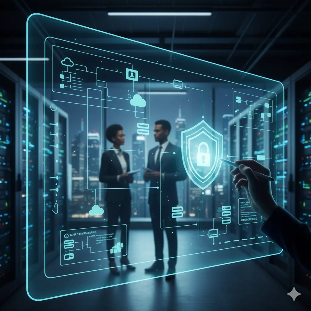 A complex flowchart on a whiteboard, representing secure architecture design.