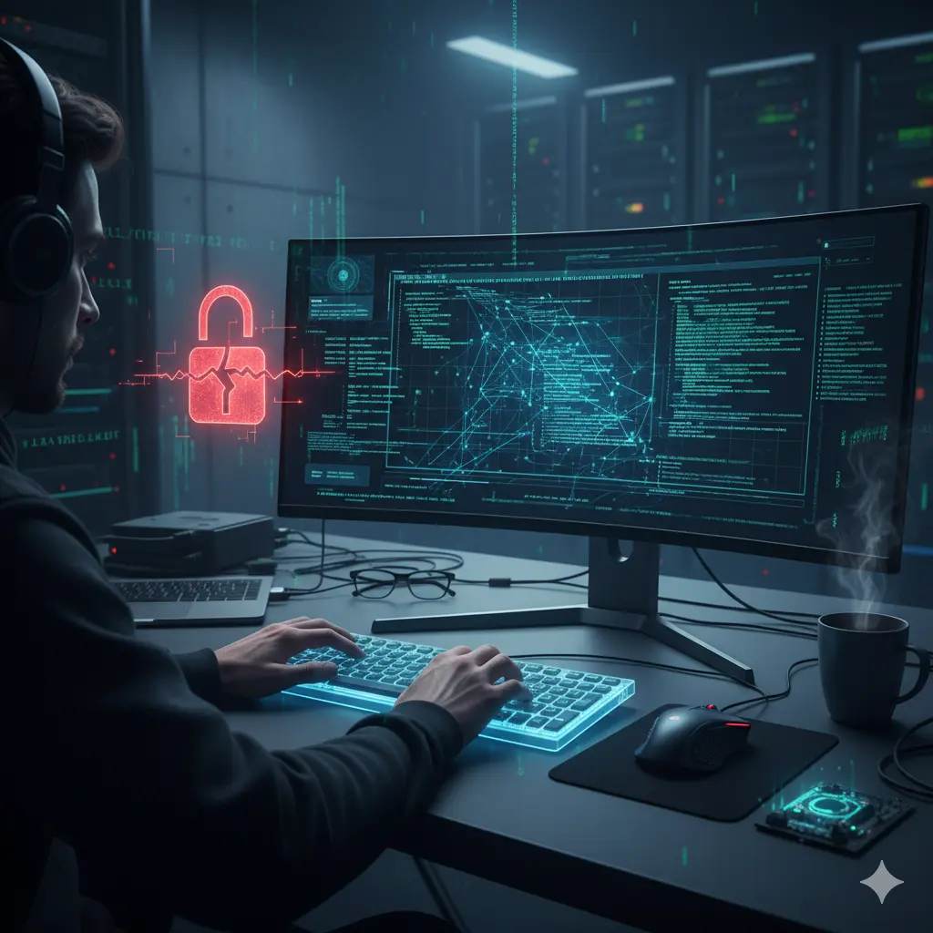 A developer's desk with code on a laptop, representing security testing.